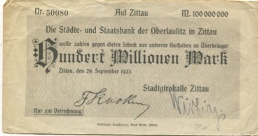 Zittau - Stadtgirokasse - 29.9.1923 - 100 Millionen Mark 
