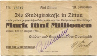 Zittau - Städte- und Staatsbank der Oberlausitz - 17.8.1923 - 5 Millionen Mark 