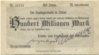 Zittau - Städte- und Staatsbank der Oberlausitz - 29.9.1923 - 100 Millionen Mark 