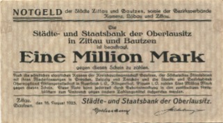 Zittau - Städte- und Staatsbank der Oberlausitz und Bezirksverbände Bautzen, Kamenz, Löbau und Zittau - 16.8.1923 - 1 Million Mark 