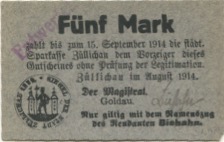 Züllichau (heute: PL-Sulechów) - Stadt - August 1914 - 15.9.1914 - 5 Mark 