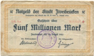 Zweibrücken - Stadt - 14.8.1923 - 5 Millionen Mark 