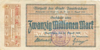 Zweibrücken - Stadt - 14.8.1923 - 20 Millionen Mark 