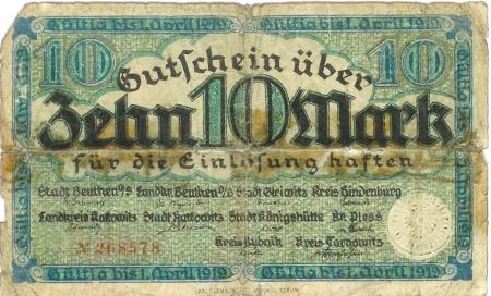 Beuthen, Gleiwitz, Hindenburg, Kattowitz, Königshütte, Pless, Rybnik, Tarnowitz (heute: PL-Bytom u. a.) - Städte und Kreise - - 1.4.1919 - 10 Mark 