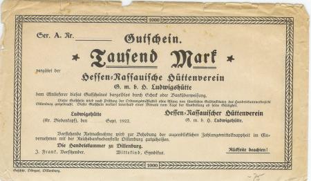 Biedenkopf - Hessen-Nassauischer Hüttenverein GmbH, Ludwigshütte - September 1922 - 1000 Mark 