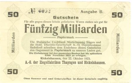Böhringen-Rickelshausen (heute: Radolfzell) - AG der Ziegelfabriken Thayngen und Rickelshausen - 22.10.1923 - Ende November 1923 - 50 Milliarden Mark 