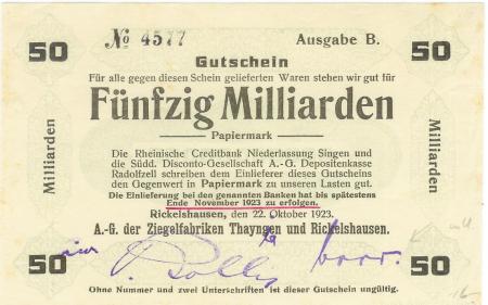 Böhringen-Rickelshausen (heute: Radolfzell) - AG der Ziegelfabriken Thayngen und Rickelshausen - 22.10.1923 - Ende November 1923 - 50 Milliarden Mark 