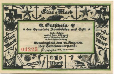 Norddörfer (heute: Wenningstedt-Braderup) - Gemeinde - 15.8.1921 - 1 Mark 