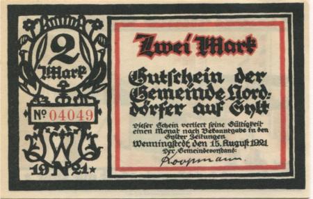 Norddörfer (heute: Wenningstedt-Braderup) - Gemeinde - 15.8.1921 - 2 Mark 