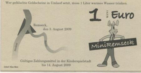 Remseck - Bank von Mini-Remseck, Kinderspielstadt - 3.8.2009 - 14.8.2009 - 1 Mini-Euro 