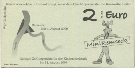 Remseck - Bank von Mini-Remseck, Kinderspielstadt - 3.8.2009 - 14.8.2009 - 2 Mini-Euro 