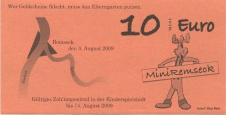 Remseck - Bank von Mini-Remseck, Kinderspielstadt - 3.8.2009 - 14.8.2009 - 10 Mini-Euro 