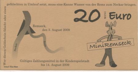 Remseck - Bank von Mini-Remseck, Kinderspielstadt - 3.8.2009 - 14.8.2009 - 20 Mini-Euro 