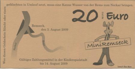 Remseck - Bank von Mini-Remseck, Kinderspielstadt - 3.8.2009 - 14.8.2009 - 20 Mini-Euro 
