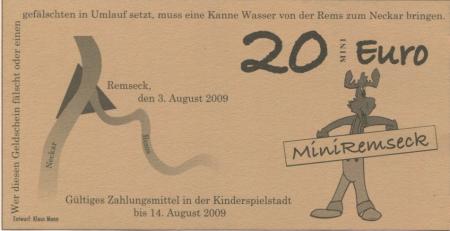 Remseck - Bank von Mini-Remseck, Kinderspielstadt - 3.8.2009 - 14.8.2009 - 20 Mini-Euro 