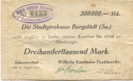 Mohsdorf-Schweizerthal (heute: Burgstädt) - Kaufmann, Wilhelm, Textilwerke - 16.8.1923 - 300000 Mark 