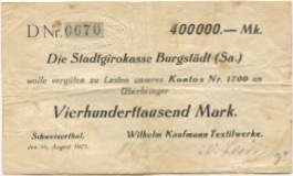 Mohsdorf-Schweizerthal (heute: Burgstädt) - Kaufmann, Wilhelm, Textilwerke - 16.8.1923 - 400000 Mark 