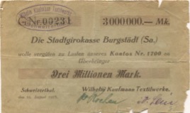 Mohsdorf-Schweizerthal (heute: Burgstädt) - Kaufmann, Wilhelm, Textilwerke - 16.8.1923 - 3 Millionen Mark 