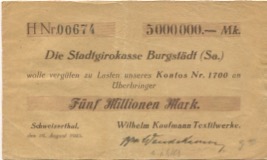 Mohsdorf-Schweizerthal (heute: Burgstädt) - Kaufmann, Wilhelm, Textilwerke - 16.8.1923 - 5 Millionen Mark 