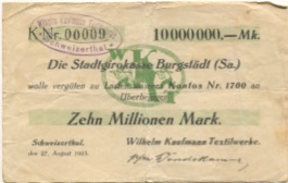Mohsdorf-Schweizerthal (heute: Burgstädt) - Kaufmann, Wilhelm, Textilwerke - 27.8.1923 - 10 Millionen Mark 