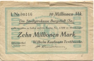 Mohsdorf-Schweizerthal (heute: Burgstädt) - Kaufmann, Wilhelm, Textilwerke - 1.9.1923 - 10 Millionen Mark 