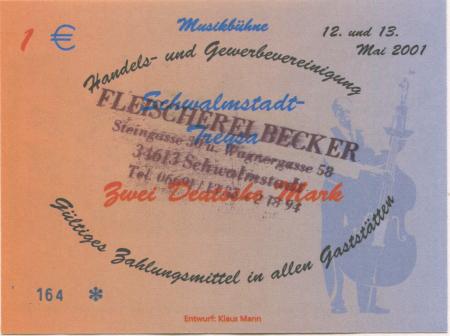 Schwalmstadt - Becker, Fleischerei, Steingasse 30 und Wagnergasse 58 - 12./13.5.2001 - 1 Euro 