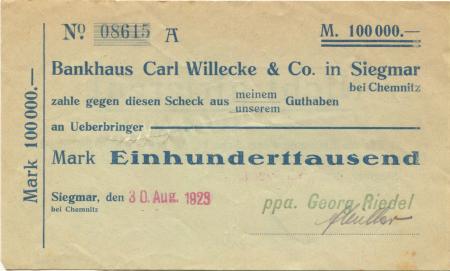 Siegmar (heute: Chemnitz) - Riedel, Georg, (Trikotagenfabrik) - 30.8.1923 - 100000 Mark 