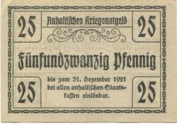 Dessau - Herzogliche Anhaltische Finanzdirektion - 20.8.1918 - 31.12.1921 - 25 Pfennig