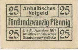 Dessau - Anhaltische Finanzdirektion - 1.4.1920 - 31.12.1921 - 25 Pfennig