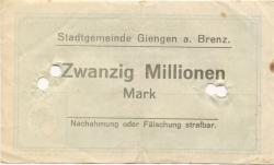 Giengen - Stadt - 11.10.1923 - 31.3.1924 - 20 Millionen Mark