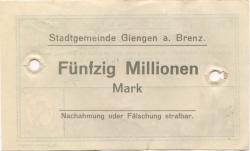 Giengen - Stadt - 11.10.1923 - 31.3.1924 - 50 Millionen Mark