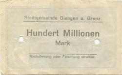 Giengen - Stadt - 11.10.1923 - 31.3.1924 - 100 Millionen Mark
