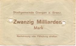 Giengen - Stadt - 25.10.1923 - 31.3.1924 - 20 Milliarden Mark