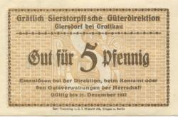 Giersdorf (heute: PL-Galazczyce) - Gräflich von Sierstorpffsche Güterdirektion - - 31.12.1922 - 5 Pfennig