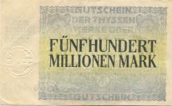 Hamborn (heute: Duisburg) - Thyssen-Hütte, August, Gewerkschaft, Gewerkschaften Friedrich Thyssen, Lohberg, Rhein I - 1.9.1923 - 31.3.1924 - 500 Millionen Mark