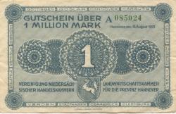 Hannover - Vereinigung niedersächsischer Handelskammern und Landwirtschaftskammer für die Provinz Hannover - 15.8.1923 - 1 Million Mark