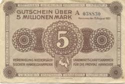 Hannover - Vereinigung niedersächsischer Handelskammern und Landwirtschaftskammer für die Provinz Hannover - 15.8.1923 - 5 Millionen Mark