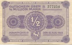 Hannover - Vereinigung niedersächsischer Handelskammern, Landwirtschaftskammer für die Provinz Hannover, Landesbank der Provinz und Girozentrale - 15.8.1923 - 1/2 Million Mark