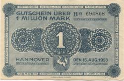 Hannover - Vereinigung niedersächsischer Handelskammern, Landwirtschaftskammer für die Provinz Hannover, Landesbank der Provinz und Girozentrale - 15.8.1923 - 1 Million Mark