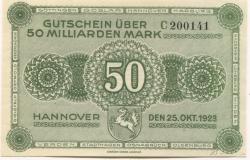 Hannover - Vereinigung niedersächsischer Handelskammern, Landwirtschaftskammer für die Provinz Hannover, Landesbank der Provinz und Girozentrale - 25.10.1923 - 50 Milliarden Mark