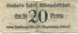 Magdeburg - Saccharin-Fabrik AG, vormals Fahlberg, List & Co, Magdeburg-Südost - -- - 20 Pfennig 