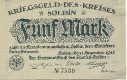 Soldin (heute: PL-Myslibórz) - Kreis - 1.12.1918 - 5 Mark