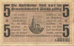 Weida - Stadt - 4.11.1918 - 1.2.1919 - 5 Mark 
