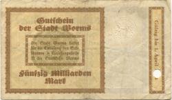 Worms - Stadt - 20.10.1923 - 50 Milliarden Mark