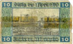 Beuthen, Gleiwitz, Hindenburg, Kattowitz, Königshütte, Pless, Rybnik, Tarnowitz (heute: PL-Bytom u. a.) - Städte und Kreise - - 1.4.1919 - 10 Mark